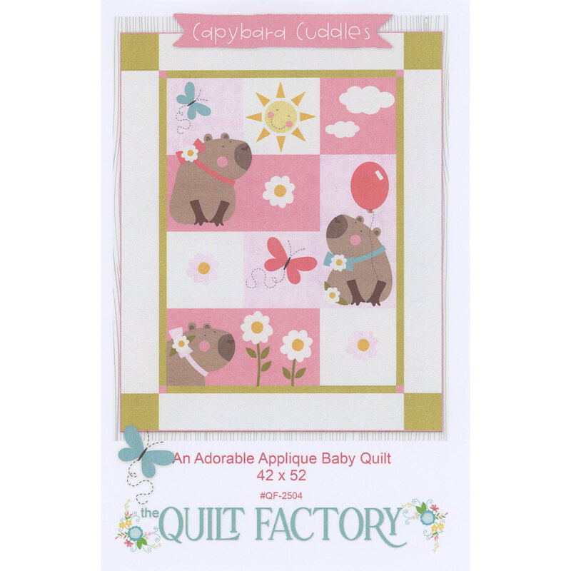 A colorful baby quilt design featuring capybaras, flowers, butterflies, and a sun.