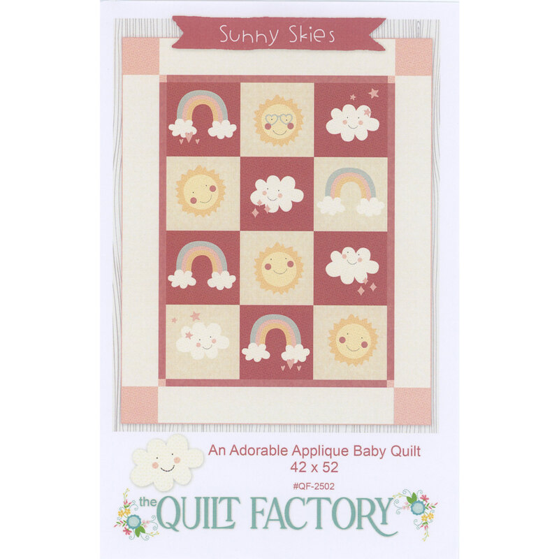 A patchwork baby quilt featuring suns, rainbows, and clouds in pastel colors with a title Sunny Skies.