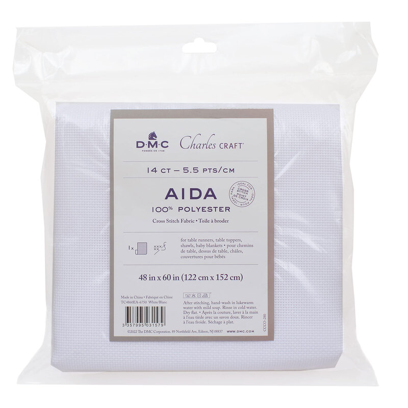 Package of DMC Aida fabric, 14 count, 100% polyester, measuring 48 x 60 inches.