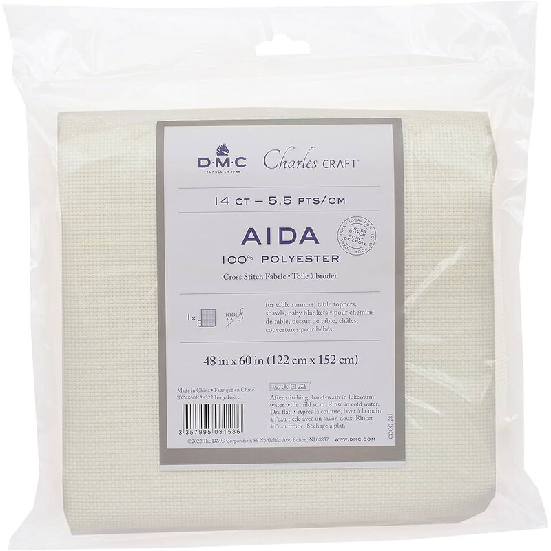 Package of Aida fabric, 100% polyester, 14 count, measuring 48x60 inches, from DMC Charles Craft.