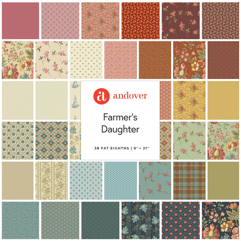 A grid collage of floral fabrics included in the Farmer's Daughter Fat Eighth Set.