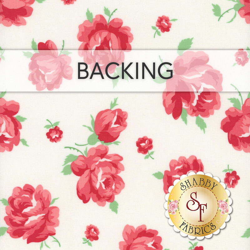 White fabric with a floral pattern featuring pink and red roses, labeled BACKING.