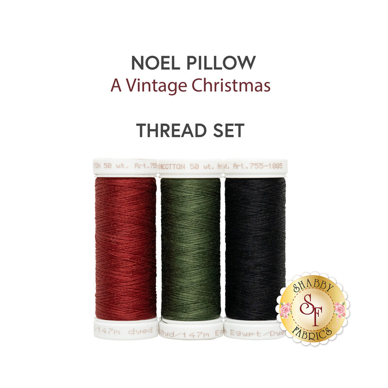 Three spools of thread in red, green, and black, underneath a text graphic that reads 