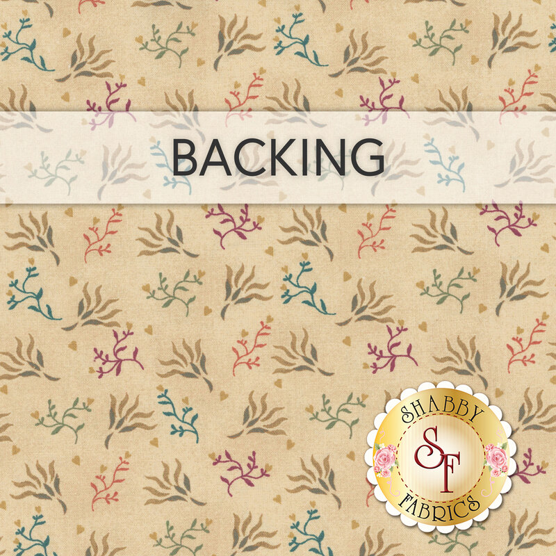 A tan swatch of fabric with a tossed leaf motif in beige, camel, teal, purple, and coral. A banner at the top reads 
