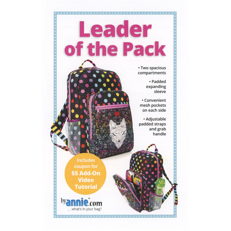 A colorful polka-dotted backpack pattern with compartments, mesh pockets, and adjustable straps.