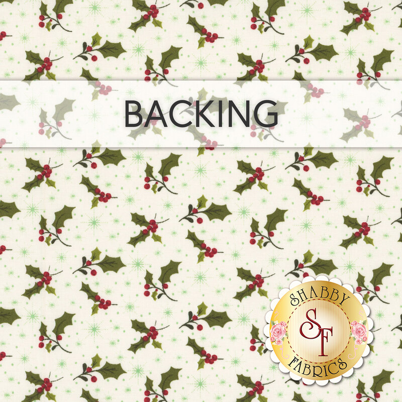 Patterned fabric featuring holly leaves and red berries on a light background labeled Backing.