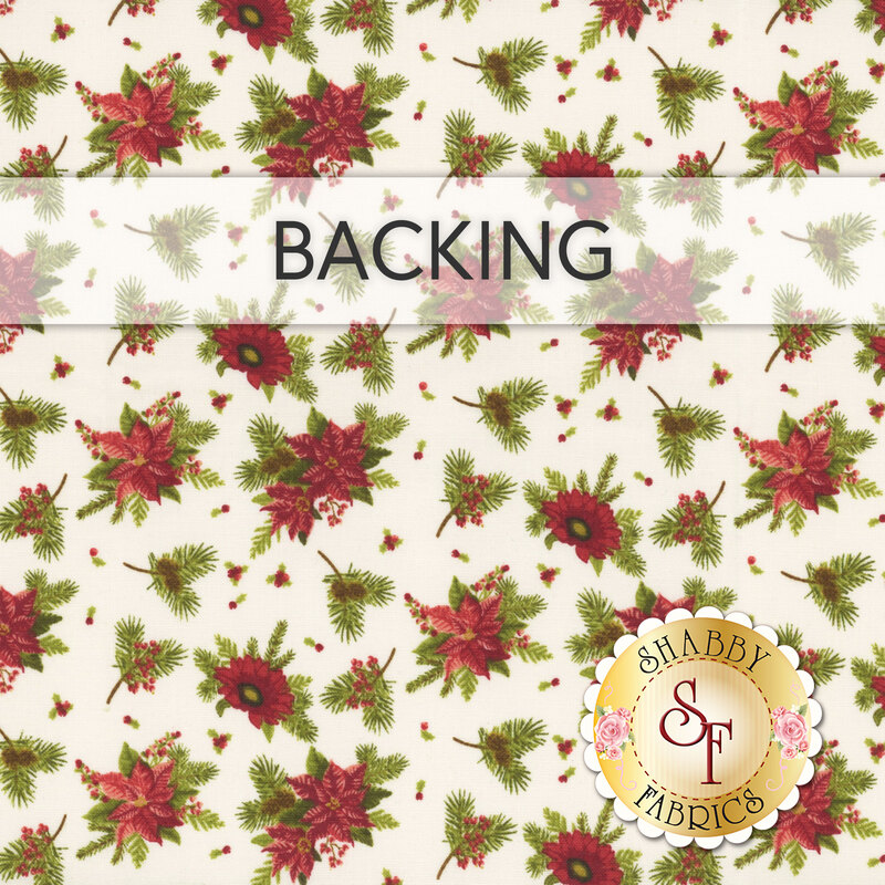 A swatch of cream fabric with tossed red flowers and pine branches. A banner at the top reads 