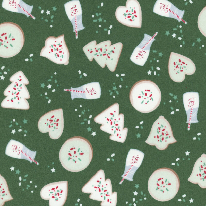 A green patterned fabric featuring Christmas cookies, trees, and festive decorations.