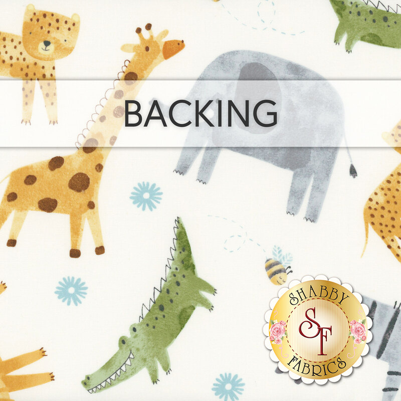 Fabric featuring playful animals like giraffes, leopards, and crocodiles on a white background labeled 'Backing'.