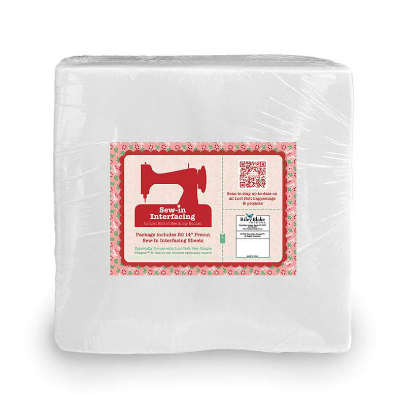 White package of sew-in interfacing with a decorative label featuring a sewing machine illustration.