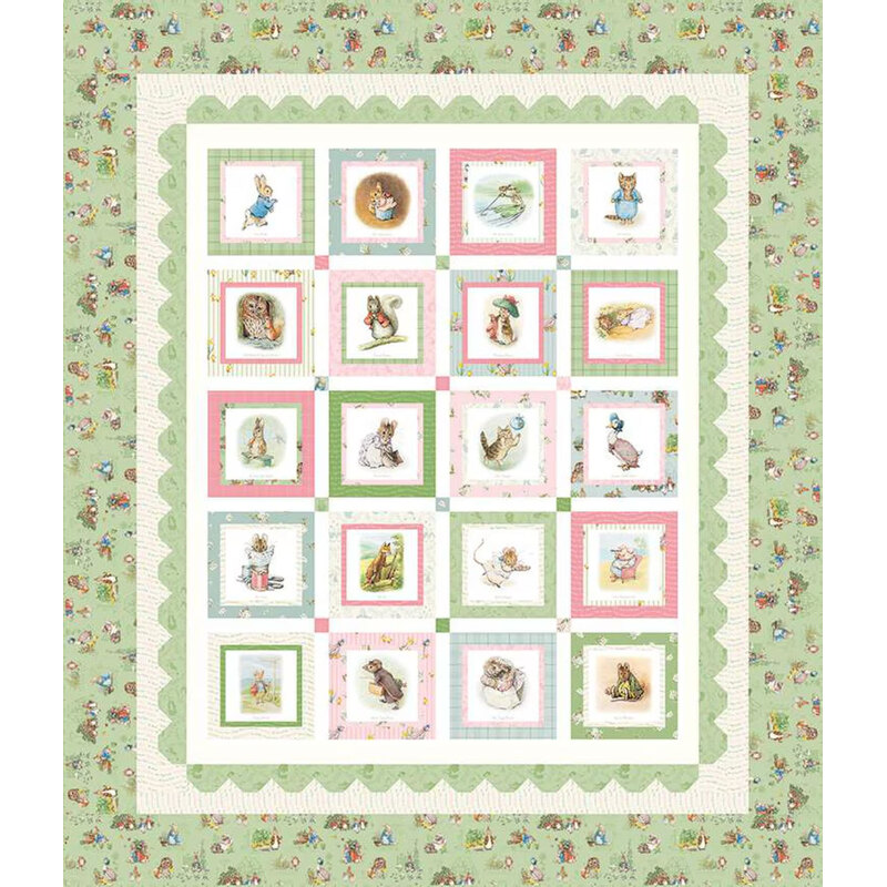 A quilt design featuring illustrated animal squares on a pastel green patterned background.