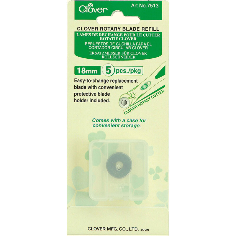 Clover Rotary Blade Refill package, containing five 18mm blades and a protective holder for storage.