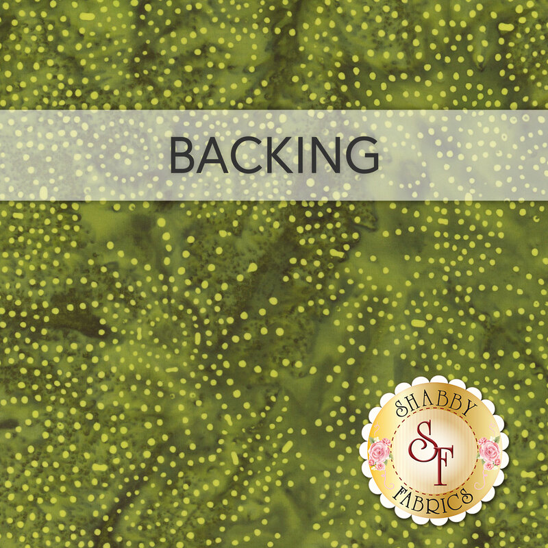 Swatch of a green mottled batik fabric with yellow dots in swirl and burst patterns with a spring green banner that reads 