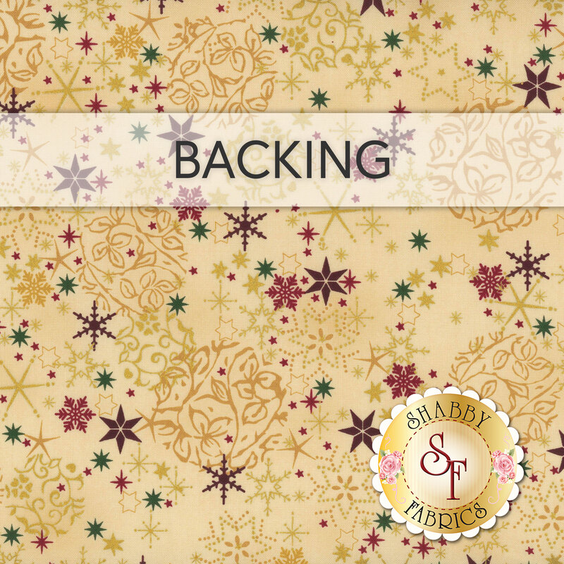 Swatch of cream fabric packed with ornate star and ornament designs in tonal colors, burgundy, red, gold, and green. A transparent banner at the top reads 