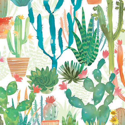 Vivid desert cacti and florals in reds, teals and greens on white fabric.
