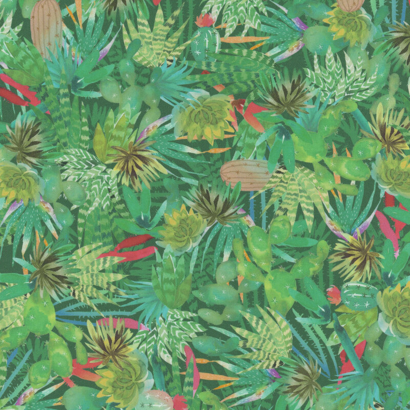 Packed cactus, yucca, and agave plants in greens and reds on spruce green fabric.