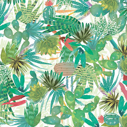 Packed cactus, yucca, and agave plants in greens and reds on white fabric.