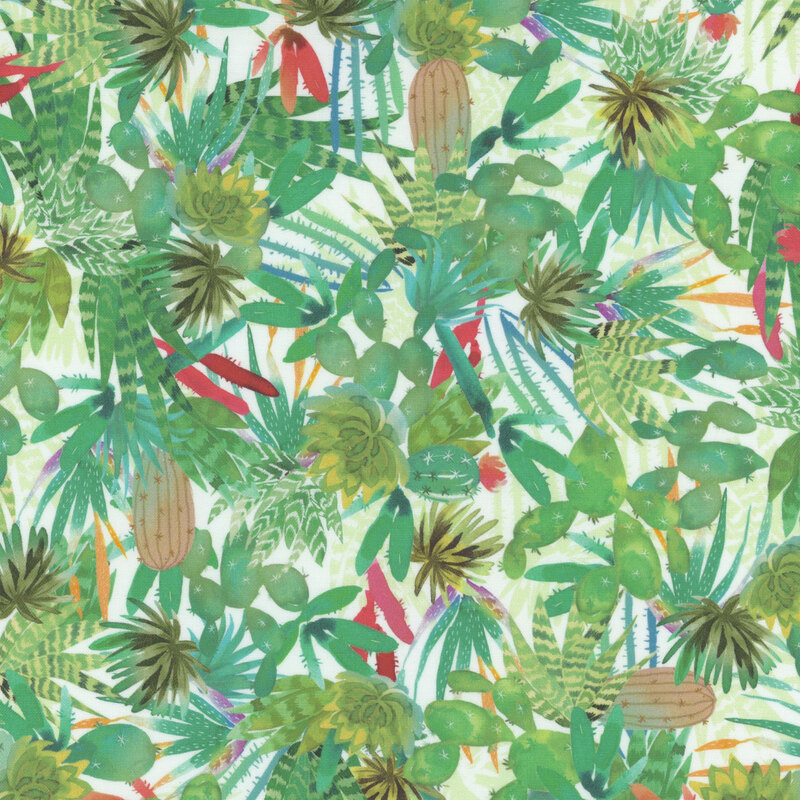 Packed cactus, yucca, and agave plants in greens and reds on white fabric.