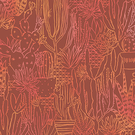 Outlined cactus and succulent desert plants in peach and pink on red fabric.