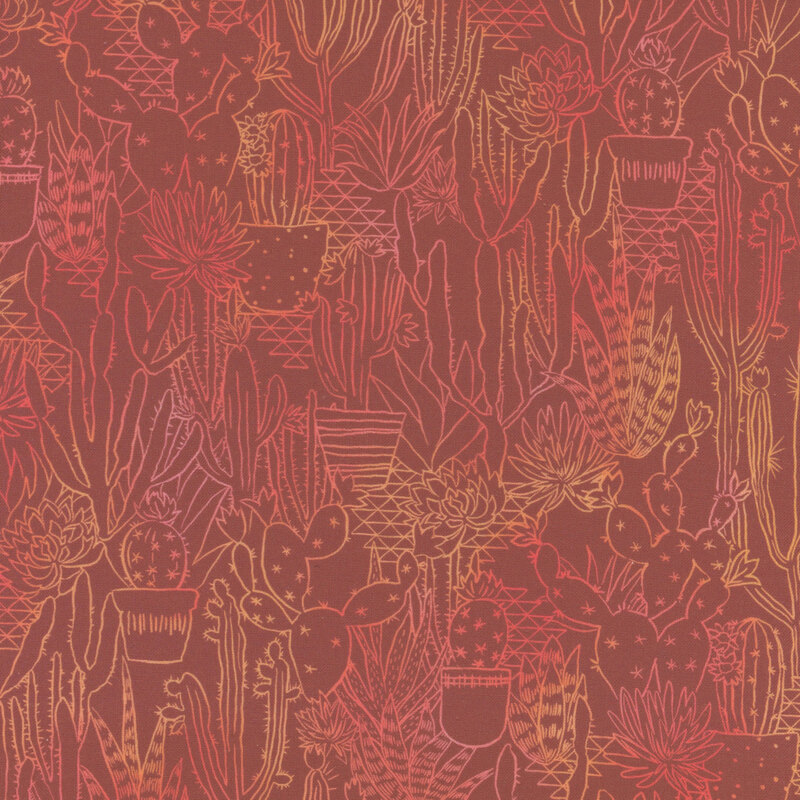 Outlined cactus and succulent desert plants in peach and pink on red fabric.