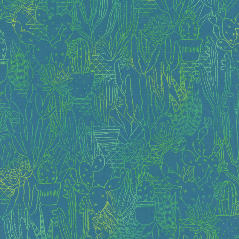 Outlined cactus and succulent desert plants in teal and green on blue fabric.