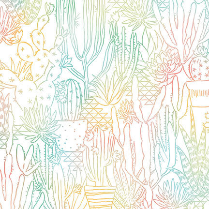 Outlined cactus and succulent desert plants in mottled teals, yellows, and pinks on white fabric.