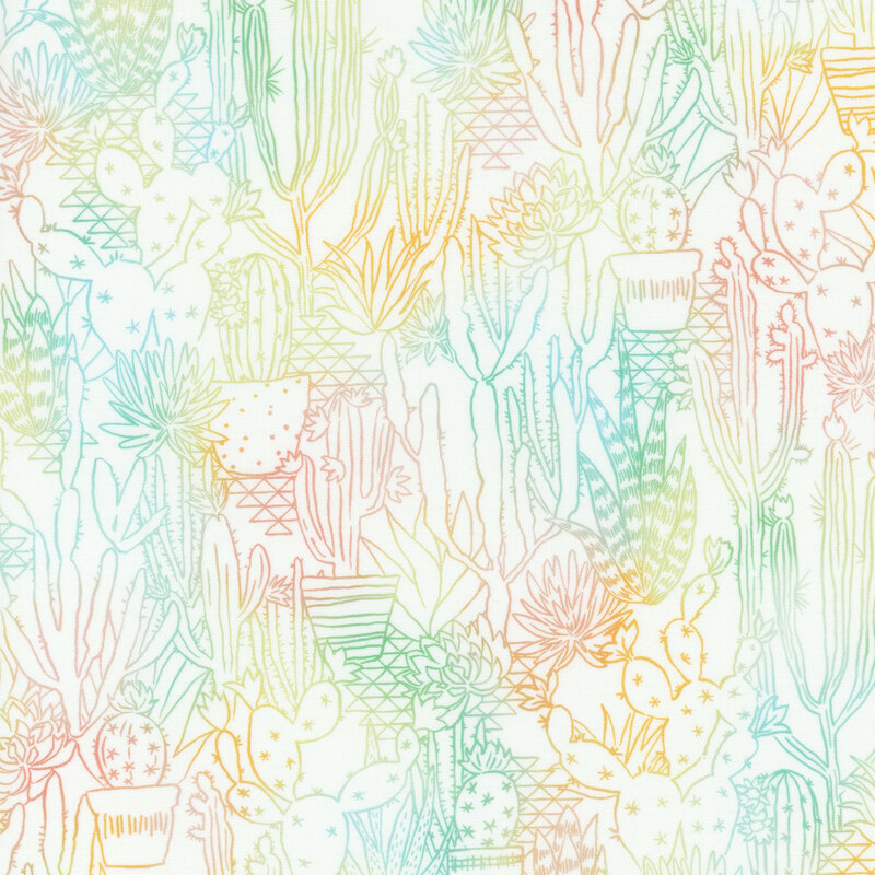 Outlined cactus and succulent desert plants in mottled teals, yellows, and pinks on white fabric.