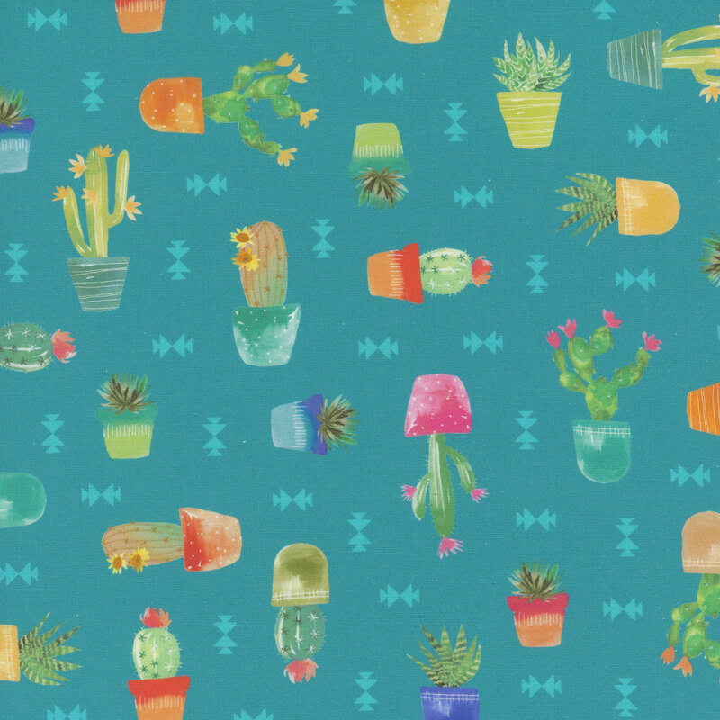 Orange, yellow, blue, and pink pots with green cacti plants and geometric designs scattered on a teal background.