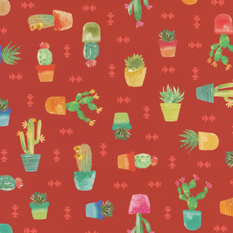 Orange, yellow, blue, and pink pots with green cacti plants and geometric designs scattered on a red background.