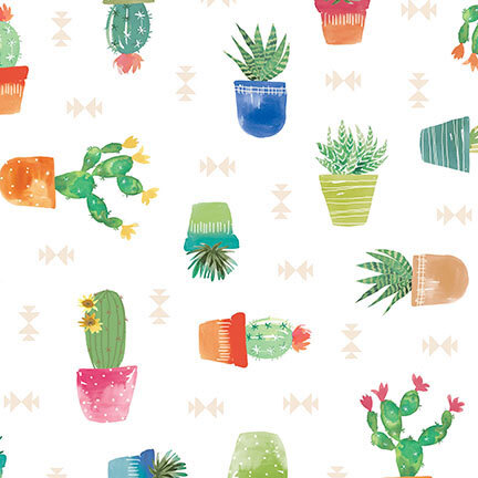 Orange, yellow, blue, and pink pots with green cacti plants and geometric designs scattered on a white background.