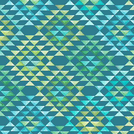 Geometric designs with green, yellow, and teal triangles on a blue background.