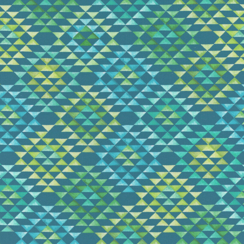 Geometric designs with green, yellow, and teal triangles on a blue background.