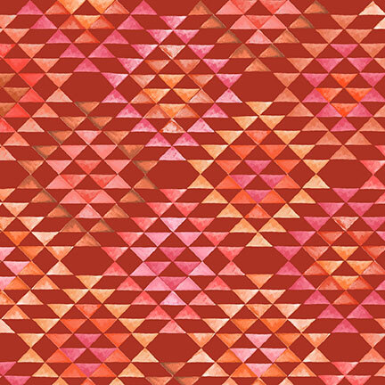 Geometric designs with orange, yellow, and pink triangles on a red background.