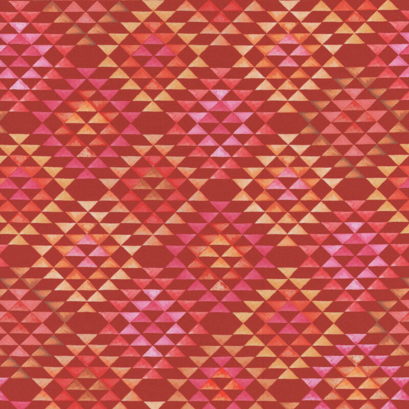 Geometric designs with orange, yellow, and pink triangles on a red background.