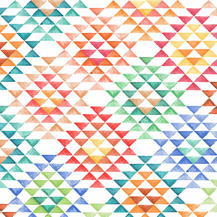 Geometric designs with blue, purple, green, red, and orange triangles on a white background.