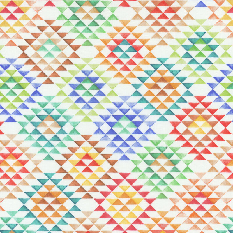 Geometric designs with blue, purple, green, red, and orange triangles on a white background.