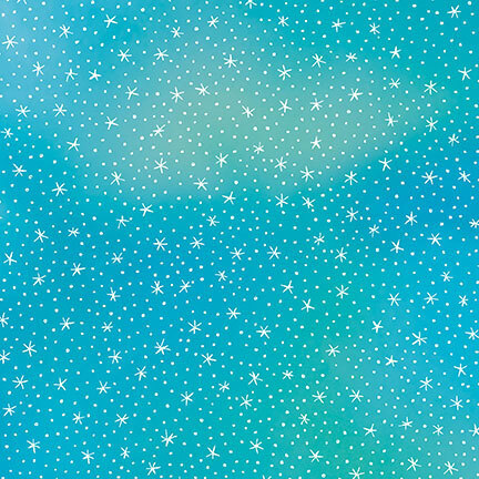 White stars scattered on mottled blue and green fabric.