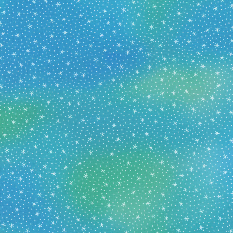 White stars scattered on mottled blue and green fabric.