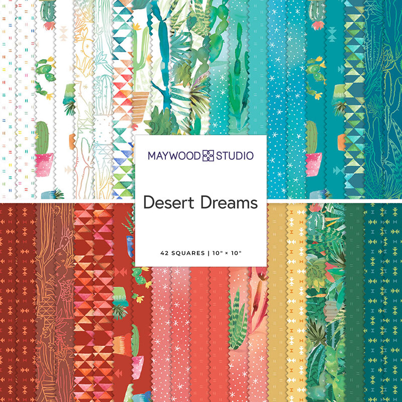 Two rows of patterned fabric in reds, blues, and greens in floral and geometric designs, labeled Desert Dreams by Maywood Studio.