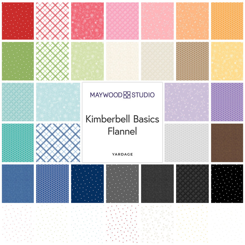 A color-coordinated collage of basic flannel fabrics included in the Kimberbell Basics Flannel fabric collection.
