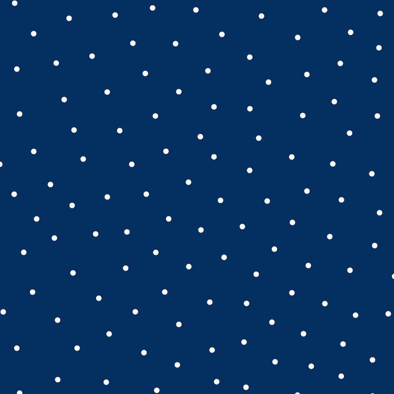 Dark denim blue flannel fabric with scattered white dots.