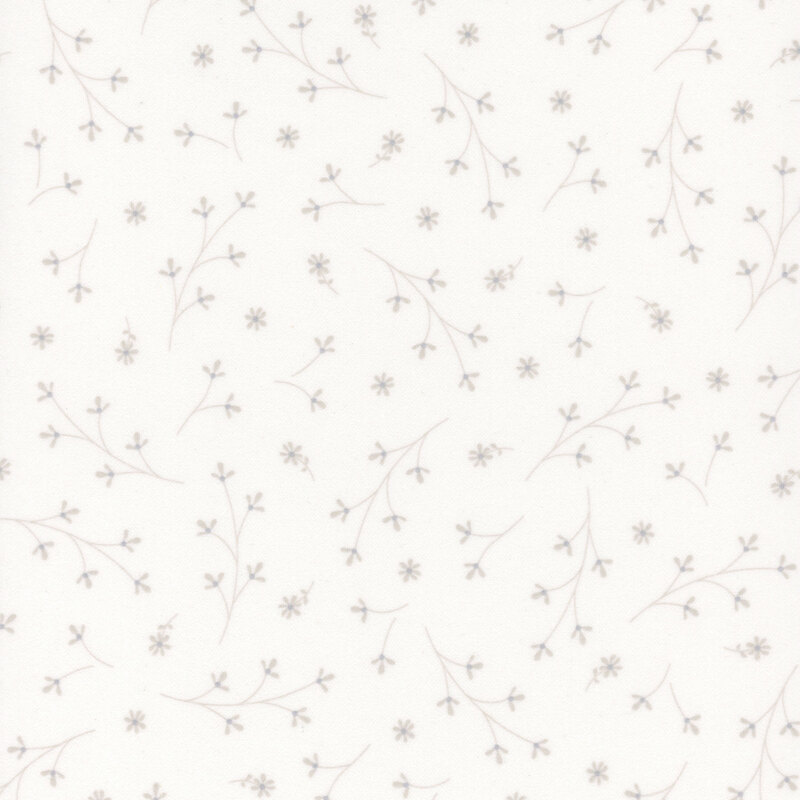 White fabric with tossed floral sprigs.