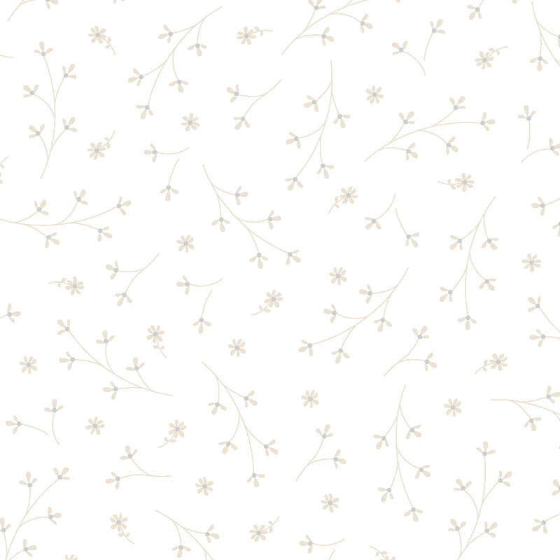 White fabric with tossed floral sprigs.