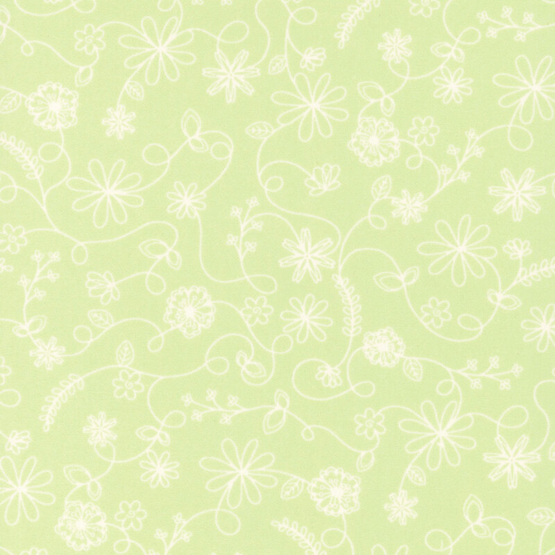Light green fabric with white-outlined swirling vines and flowers.
