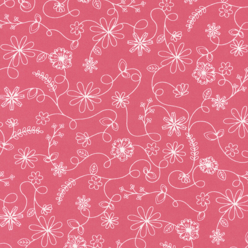 Deep pink fabric with white-outlined swirling vines and flowers.