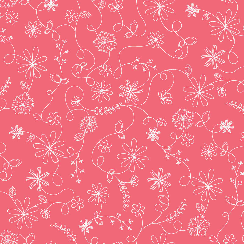 Deep pink fabric with white-outlined swirling vines and flowers.
