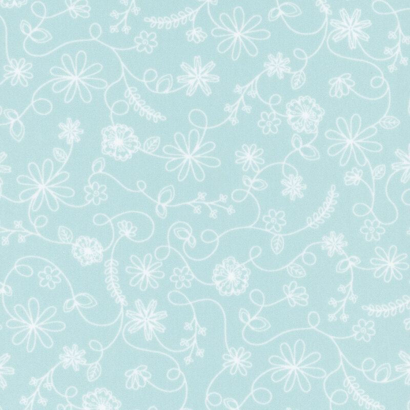 Light aqua fabric with white-outlined swirling vines and flowers.