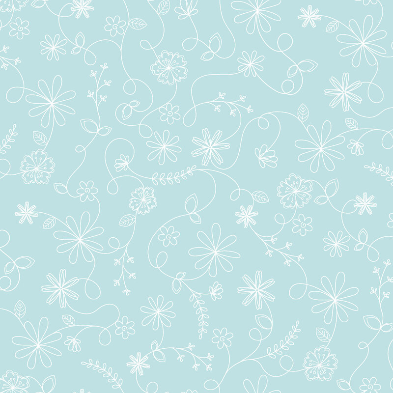 Light aqua fabric with white-outlined swirling vines and flowers.
