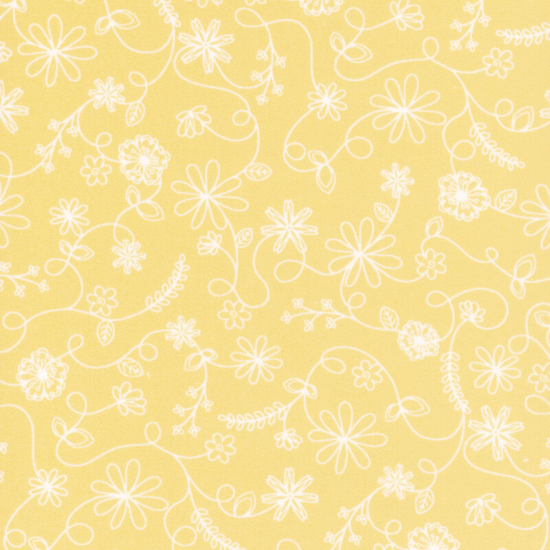 Bright yellow fabric with white-outlined swirling vines and flowers.