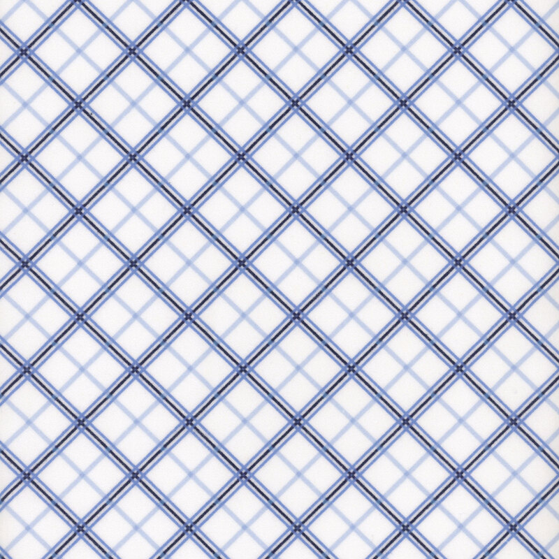 White fabric with a design of diagonal blue plaid.